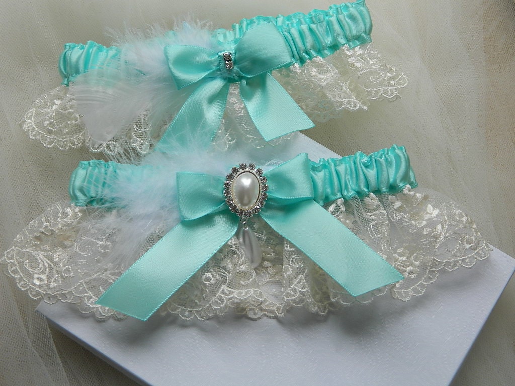 Wedding garter set Tiffany blue satin with ivory English net lace with tear