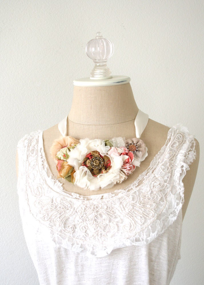 Wedding Floral Necklace in Soft White Blush Pink Rose Red with Vintage 