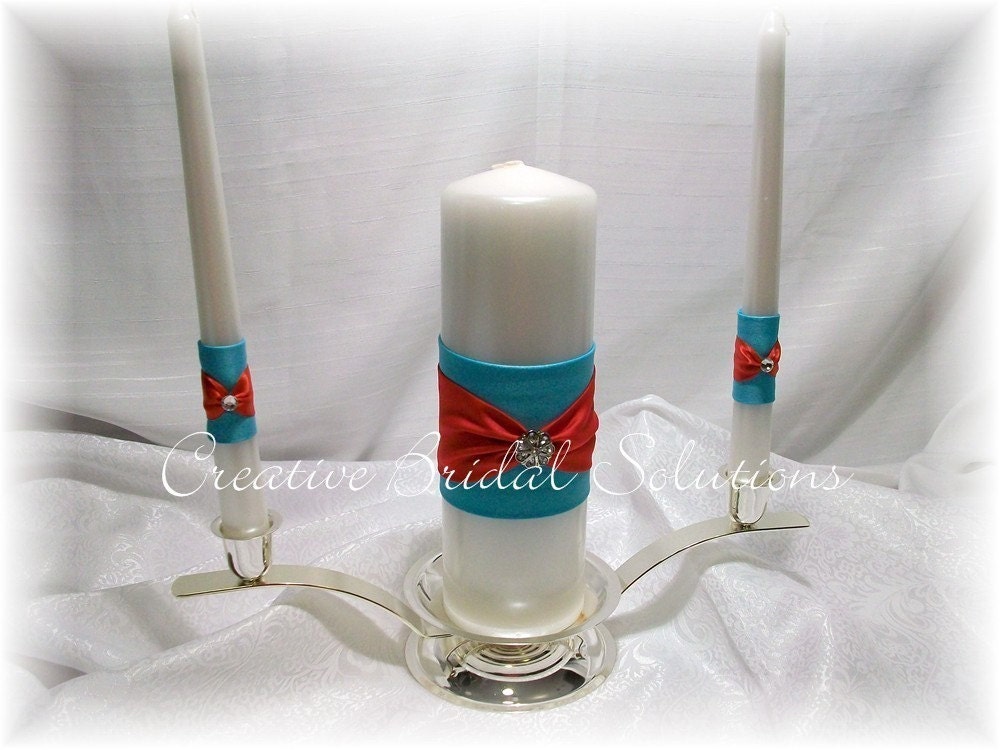 Aqua with Red Wedding Unity Candle Set From CreativeBridal