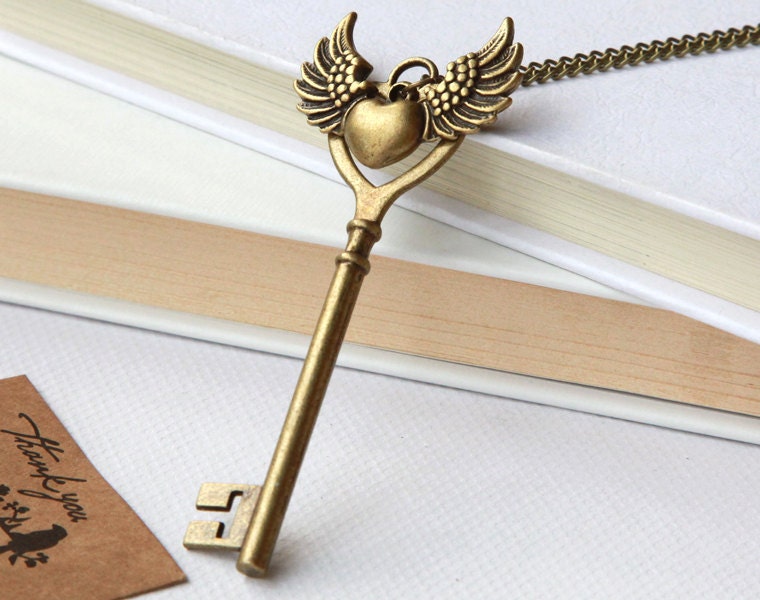 vintage style personalized key necklace a love Heart with wings