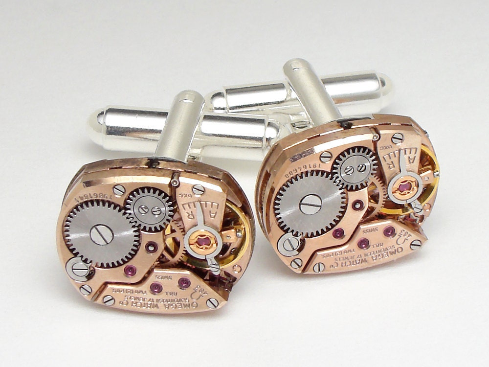 Steampunk cuff links rose gold antique Omega watch movements collectible