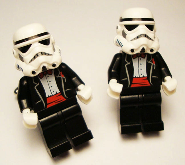 Full body Storm Trooper black with red wedding tuxedo LEGOS on silver toned 