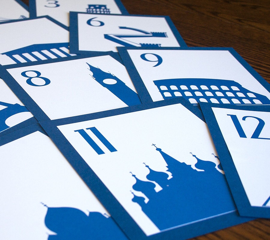 World Travel table Numbers Wedding Cobalt Blue and White Eiffel Tower Pisa