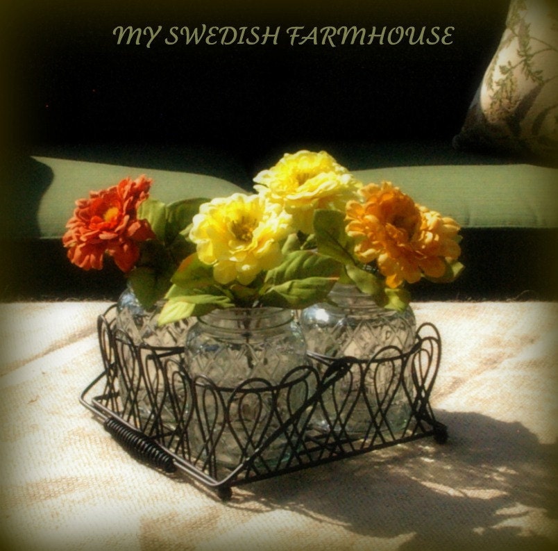Mason Jar Flower Vase or Candle Holder with Jar Caddy Rustic Wedding Decor