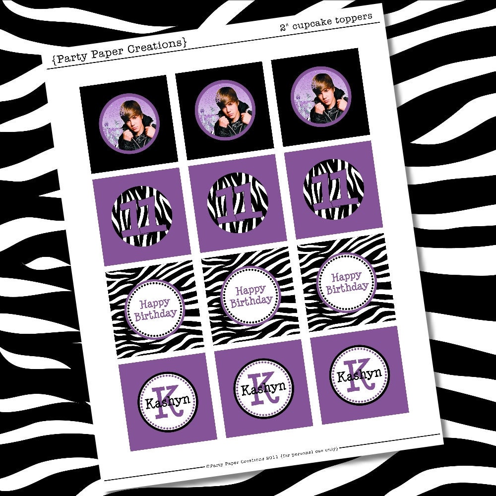 Justin Bieber Birthday Printable Cupcake Toppers Zebra Party