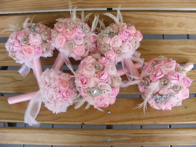 PINK CHAMPAGNE Bridesmaid Silk brooch Bridal bouquet SMALL made to order
