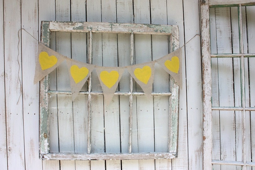 Burlap heart garland with yellow hearts From victorianstation