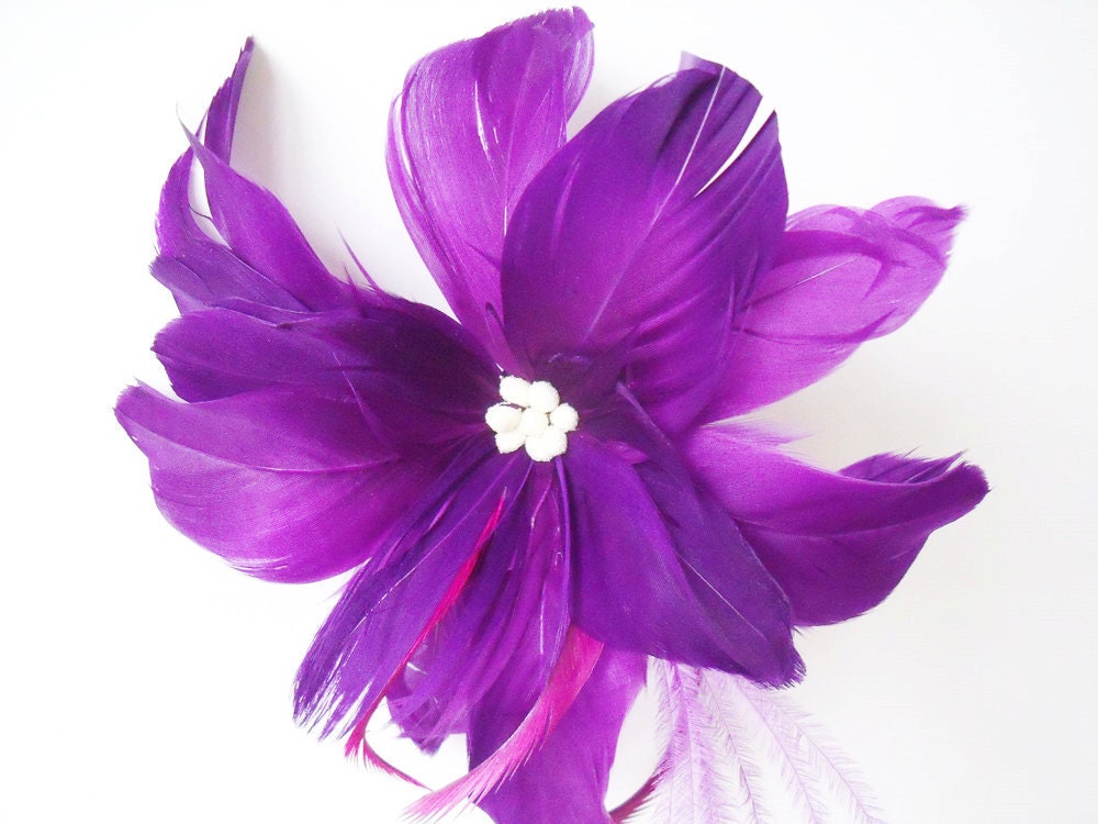 Bridal Feather Flower Fascinator Dark Purple Wedding Flower Feather