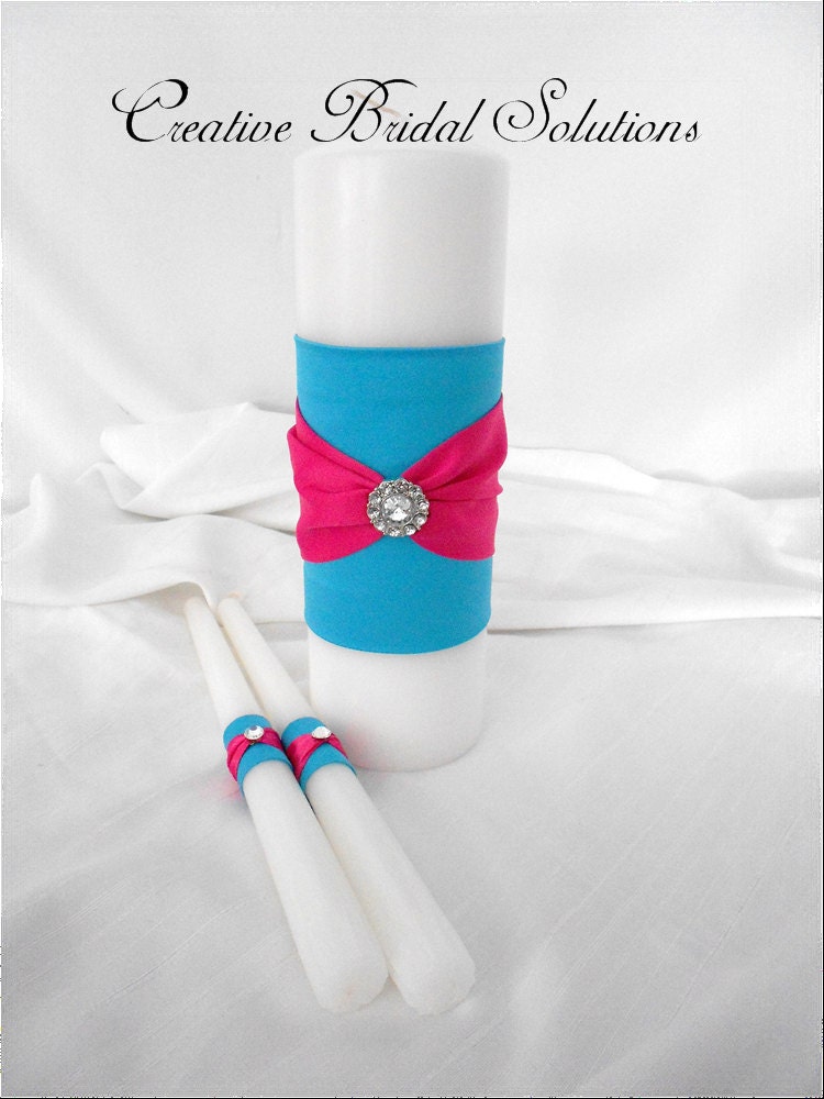 Turquoise and Fuchsia Wedding Unity Candle Set From CreativeBridal