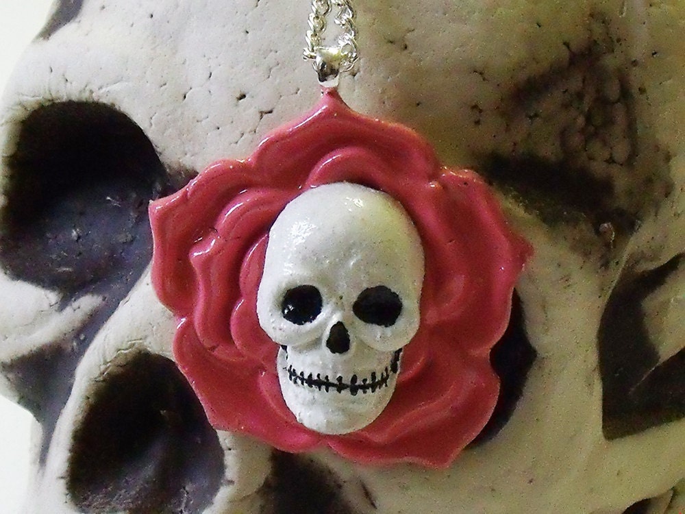 Giant Skull and Rose Tattoo Necklace in Pink From LittleMissBDesign