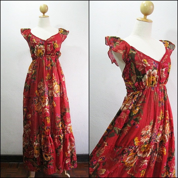 Lovely Red Floral Soft Cotton Long Dress READY TO SHIP From pirchy