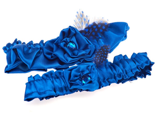 Royal blue wedding garter keepsake and toss set with royal polka dot guinea