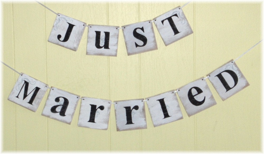 Just Married Wedding Banner Garland Shabby Chic White 4 x 4 Wood Tiles Two 