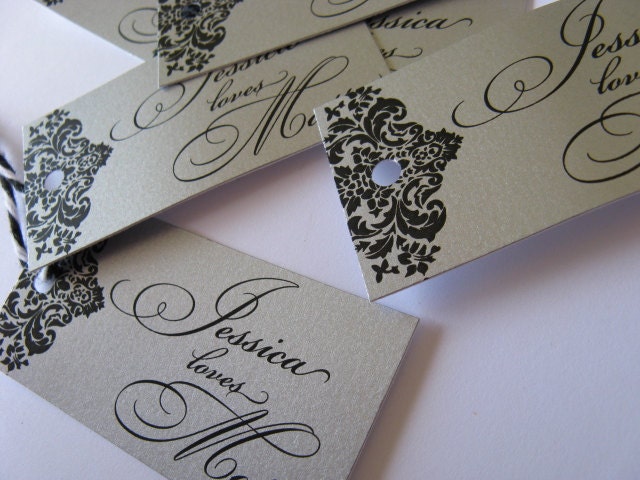 Silver Damask Wedding Favor Tags Calligraphy Flourished Thank you tags 