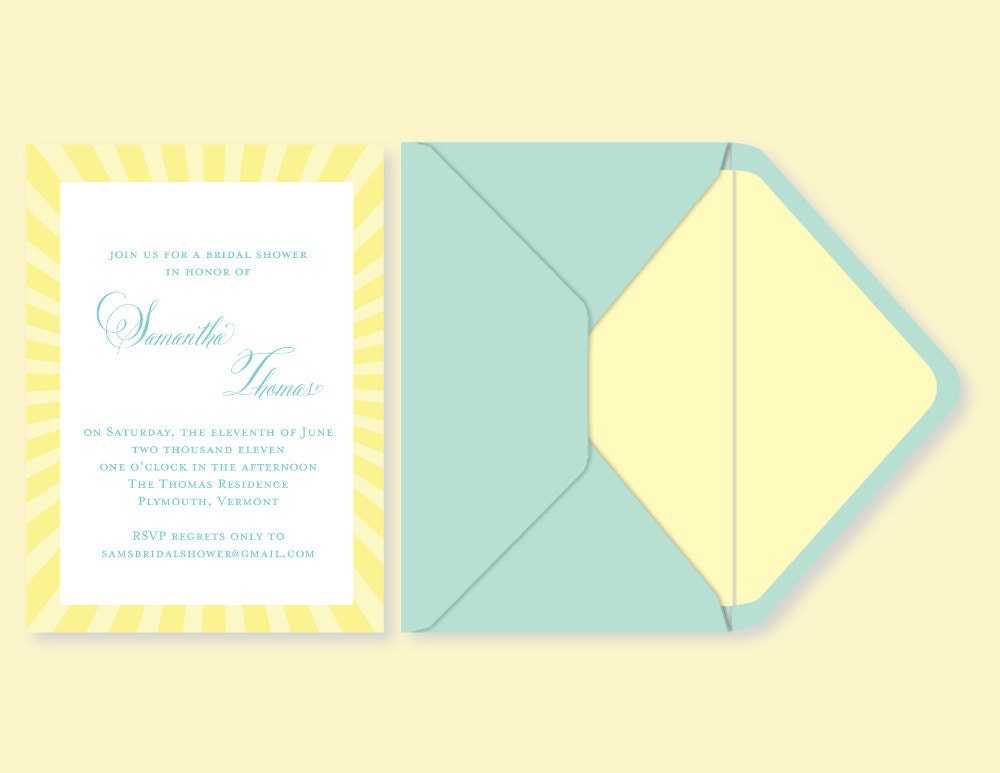 Sunburst Wedding Invitation Save the Date Lemon Yellow and Turquoise