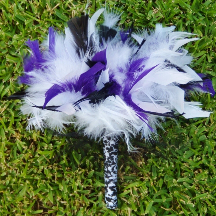 Damask Feather Bouquest Bridesmaids or Small Wedding Toss Bouquet Purple