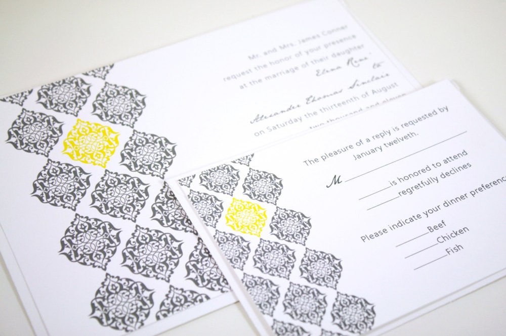 Damask Wedding Invitation and Response Card Sample Gray and Yellow