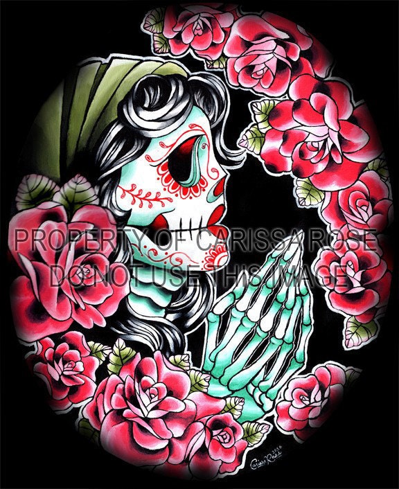 Sugar Skull Gypsy Skeleton Praying with Roses Tattoo Flash inspired Dia de Sugar Skull Gypsy Skeleton Praying with Roses Tattoo Flash inspired Dia de