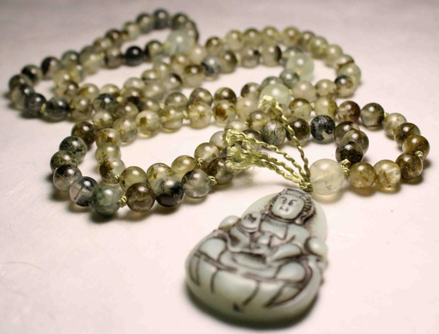 Kwan Yin - Prehnite mala by AZ artist Brian Harrison