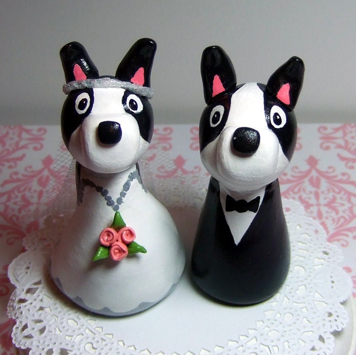 Wedding Cake Topper Boston Terrier Dogs Bride and Groom Figurine Couple 