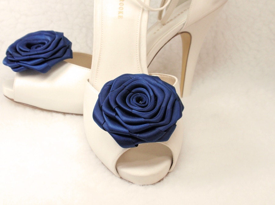 Wedding Shoe clips Navy Blue color ribbon roses 2 From daisyclub
