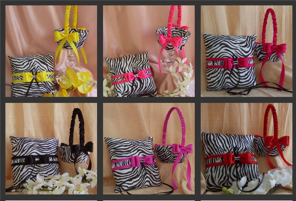 Zebra Print Wedding Accessories Ring Bearer Pillow and Flower Girl Basket