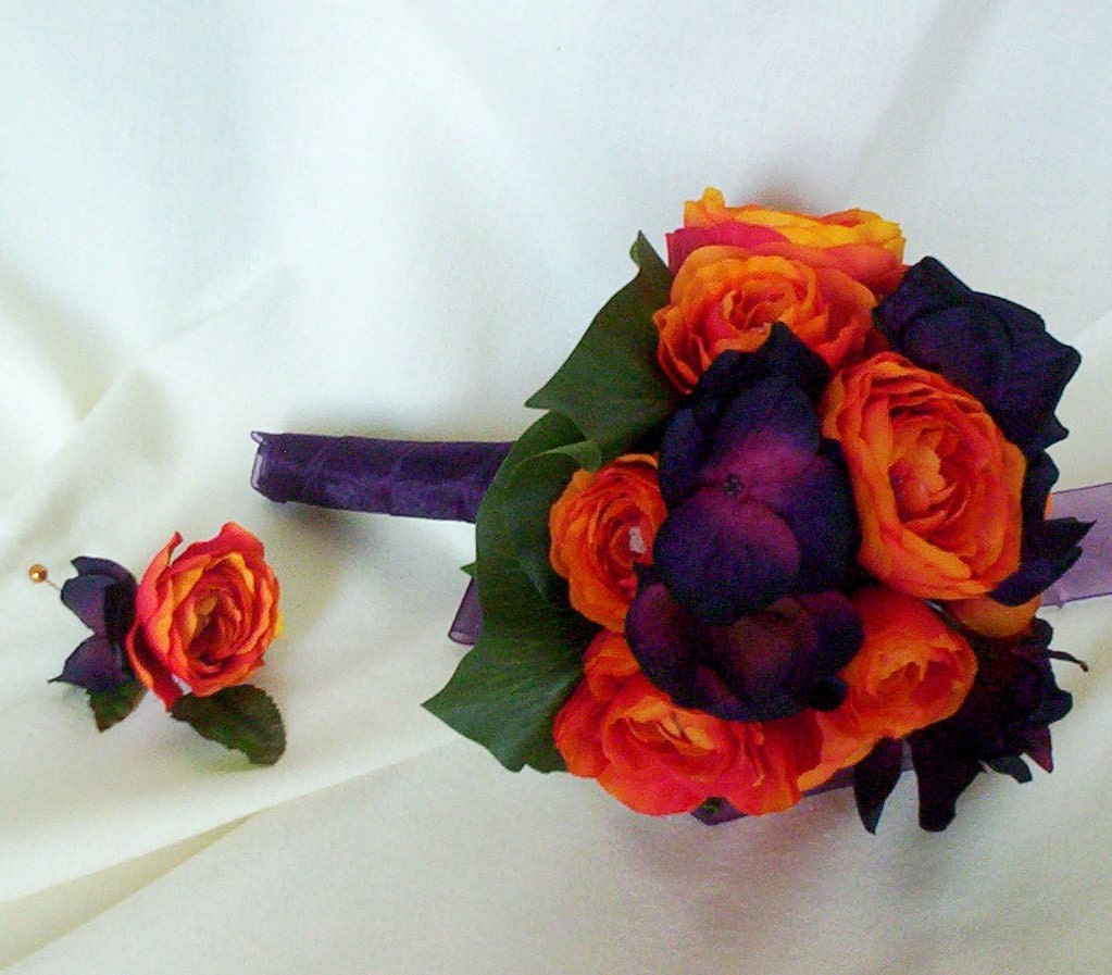 orange purple wedding bouquet