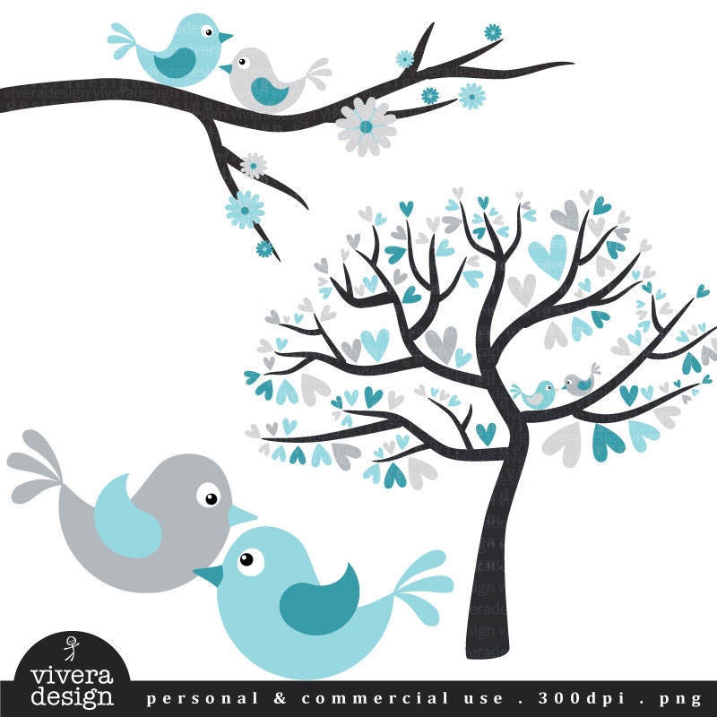 Winter Wedding Digital Clip Art Love Birds in Silver and Turquoise