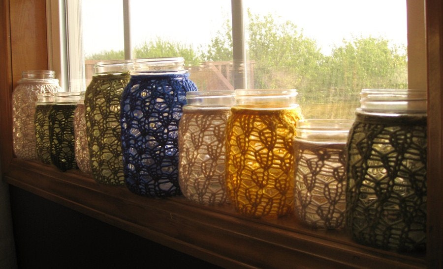 Mason Jar Wedding Centerpieces Lace Knit Flowers Candles Set of 10