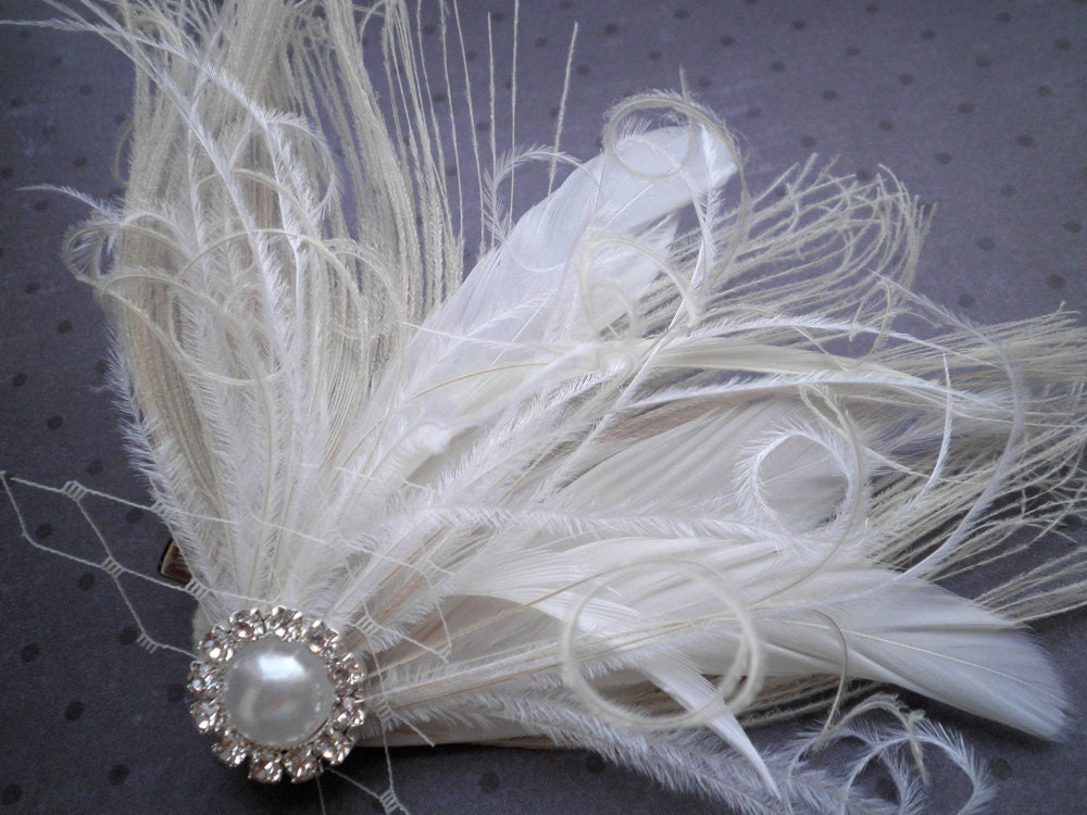 Ivory Wedding Bells Ivory Peacock Feather Hair Facinator with rhinestone