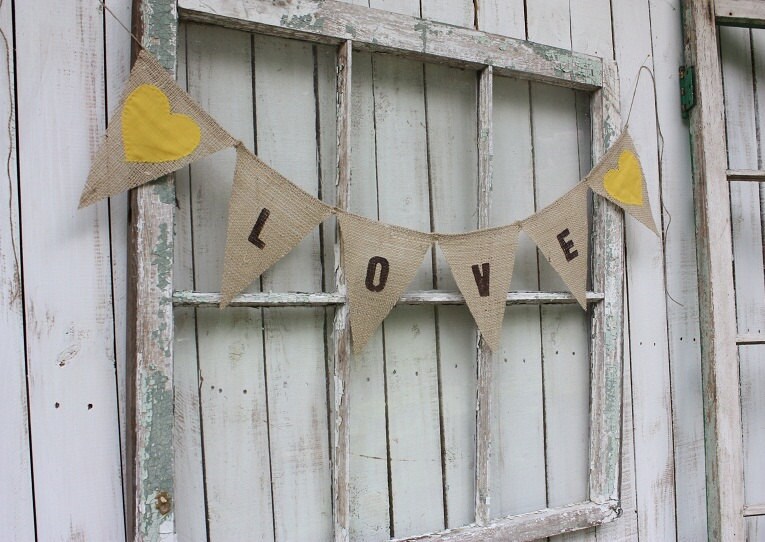 OOh Rustic burlap with canary yellow fabric hearts Great for wedding decor