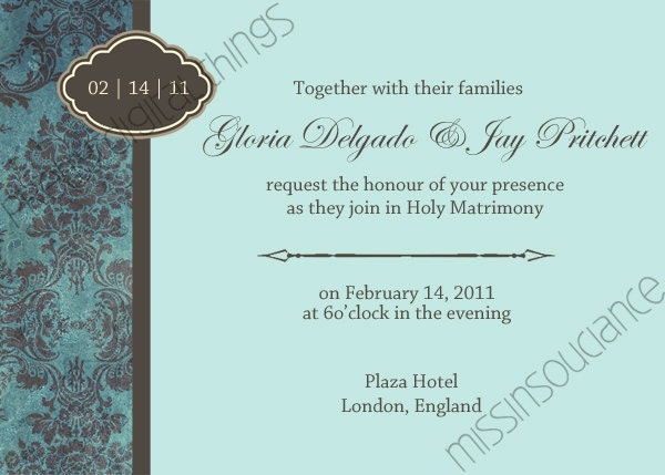 Wedding Invitation Card in Grunge Turquoise Damask Digital Printable 