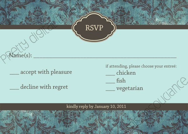 Wedding RSVP Card in Grunge Turquoise Damask Digital Printable 