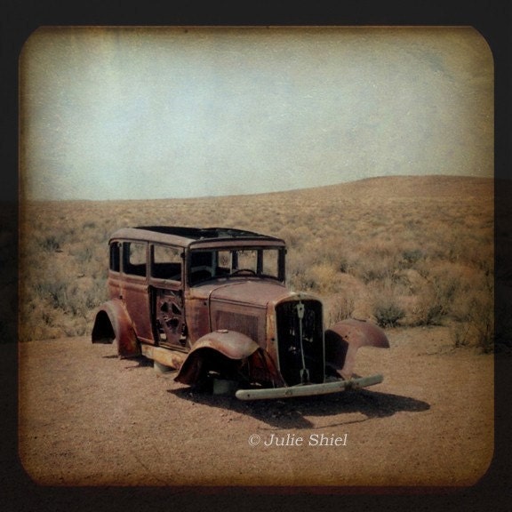 Rusty Antique Car Old Route 66 5x5 Gift for him Abandoned in the 