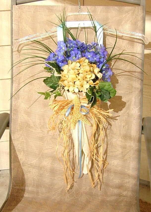 Wedding Flower Pew Cone Decoration Burlap With Seashells and Rafia