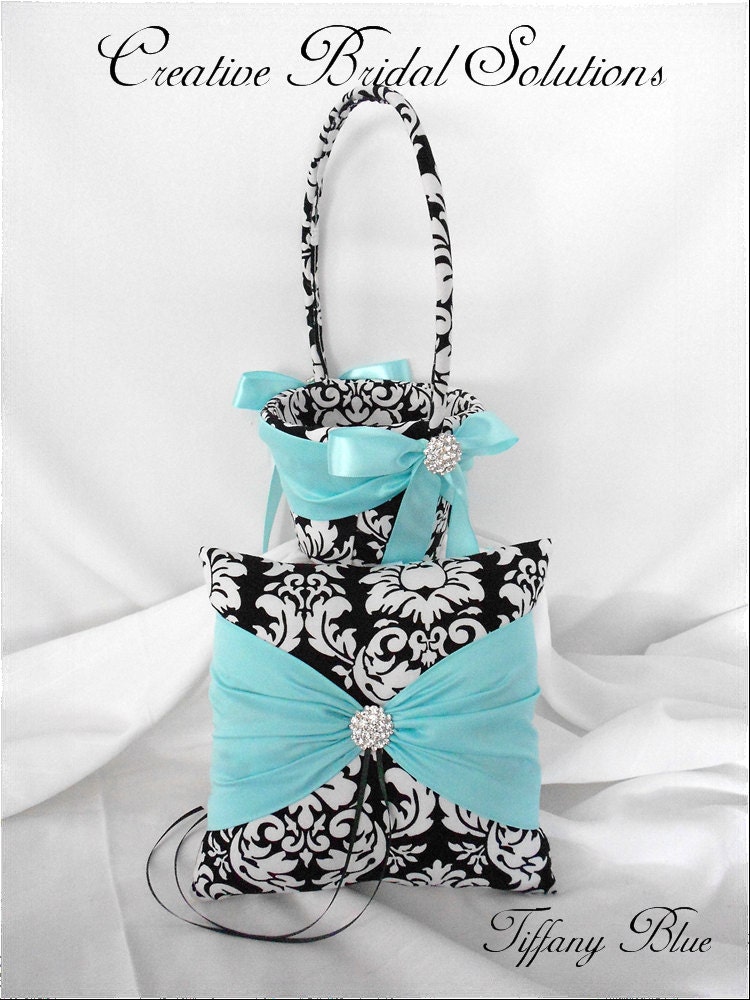 Black and White MM Damask with Tiffany Blue Wedding Ring Pillow and Flower