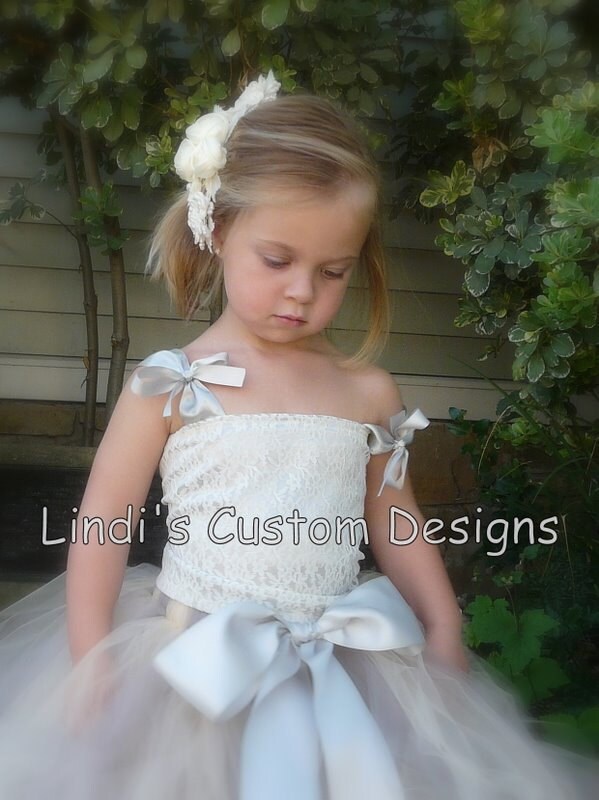 Ivory Silvery Gray Flower Girl Wedding Special Occasion Tutu Dress and 