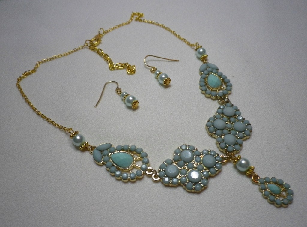 Light Blue and Gold Edwardian Style Necklace and Earrings From firstfan