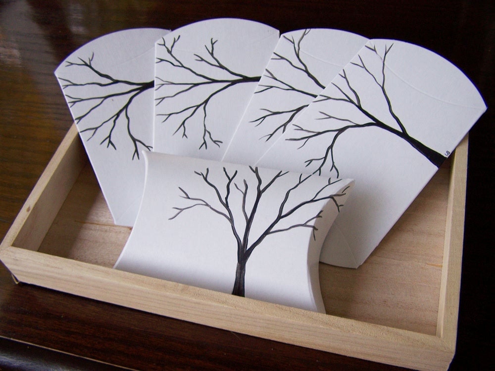 SALE Tree Pillow Boxes Handpainted Black and White Wedding Decoration 