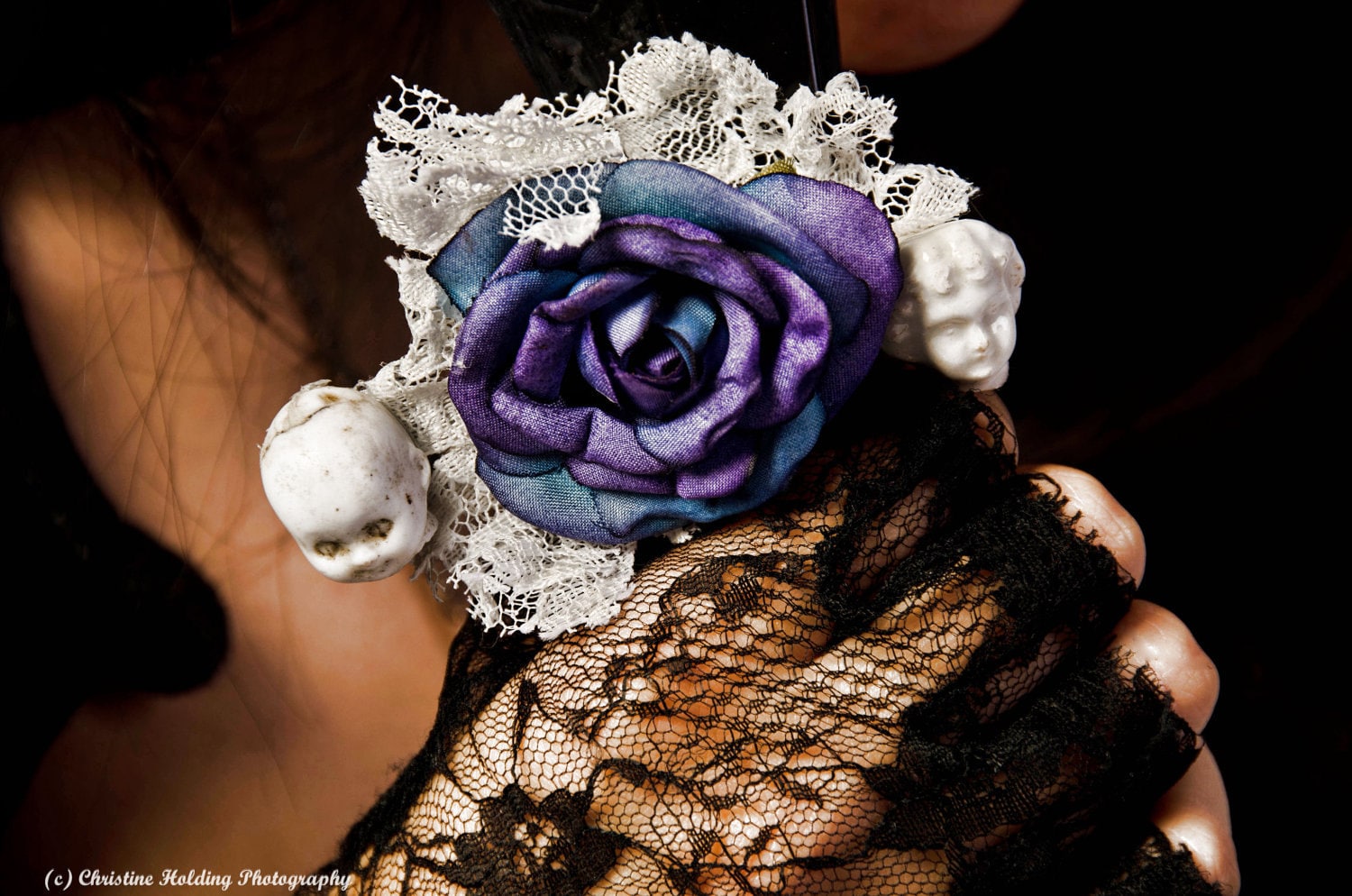 antique doll head purple blue rose goth barrette