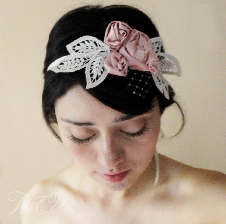 Talula bridal headband with blush pink satin roses vintage lace leaves