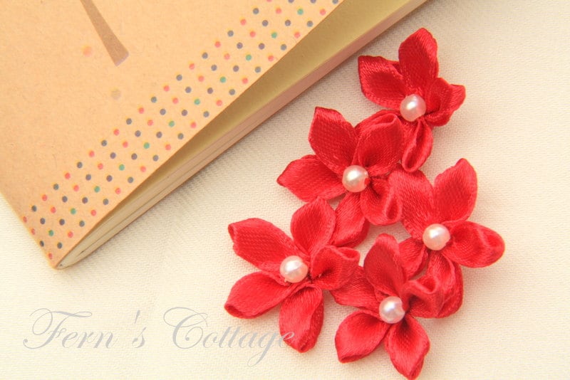 Red Satin Ribbon Flower Handmade Wedding Decoration Applique 10 PCS 