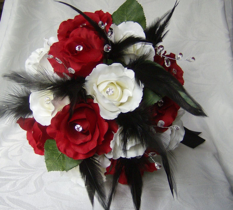 Wedding bouquet set red and white roses black feathers crystal gems bridal 