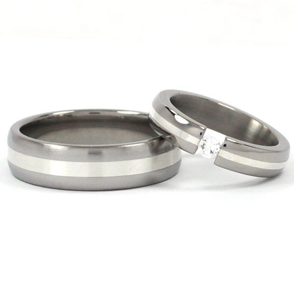 New Sterling Silver Inlay His and Hers Tension Set Titanium Wedding Rings
