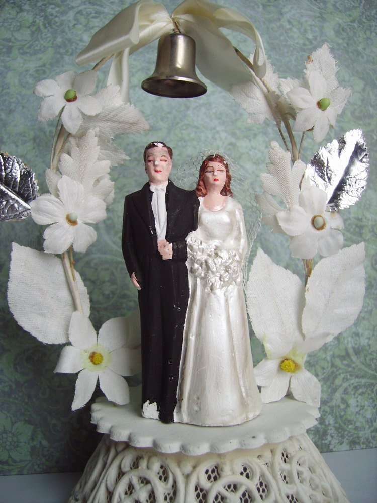 Vintage Wedding Cake Topper Bride and Groom Plaster figure on Decorated