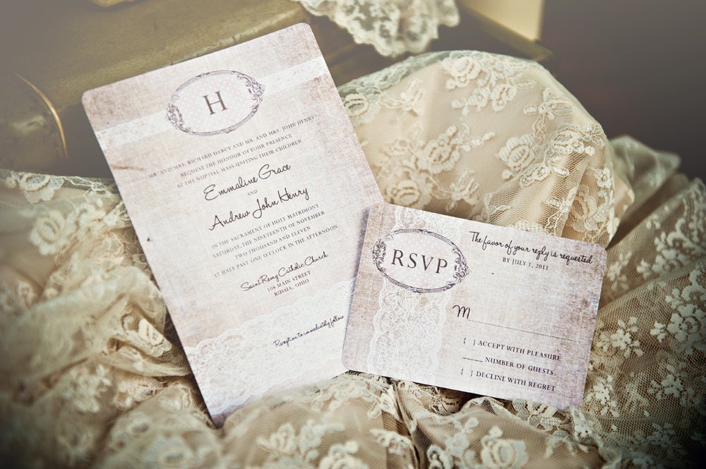 Wedding Invitations Vintage Romantic Antique Lace and Rustic Linen 