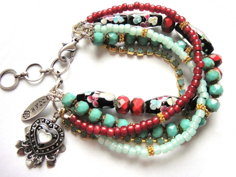 Bohemian hippie - beaded gypsy heart bracelet - turquoise and red coral