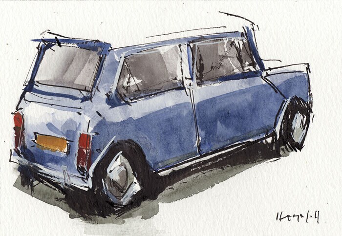 Original Painting Auto Car Retro Mini Morris Cooper Blue Watercolor Sketch