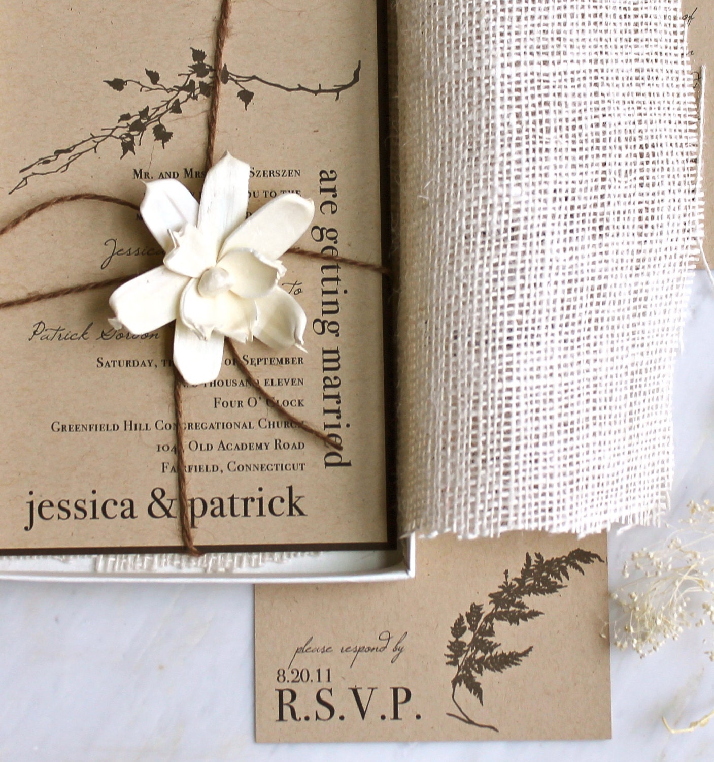 burlap teal wedding invitations