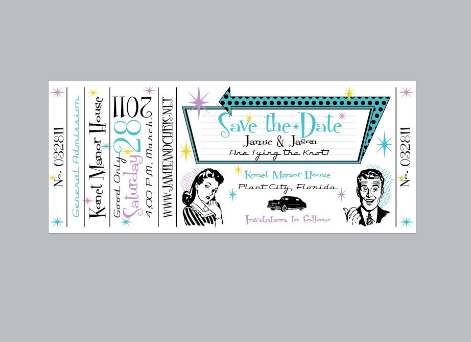 Retro 1950's Wedding Save the Date Concert Ticket Sample